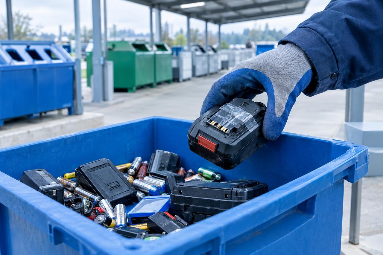 Hand in Arbeitshandschuh legt einen Werkzeugakku mit abgeklebten Kontakten in eine Sammelbox für Altbatterien auf einem Wertstoffhof (Symbolbild)