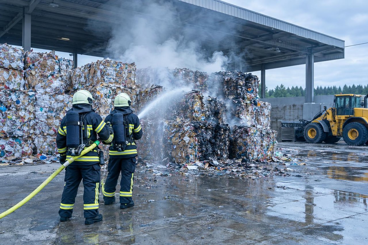 Feuerwehrleute mit Atemschutz löschen glimmende Altpapierballen in einer offenen Lagerhalle eines Recyclinghofs (Symbolbild)