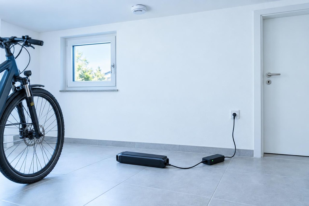 E-Bike-Akku lädt auf einem gefliesten Boden in einem aufgeräumten Hauswirtschaftsraum, an der Decke ein Rauchmelder, keine brennbaren Gegenstände in der Nähe (Symbolbild)