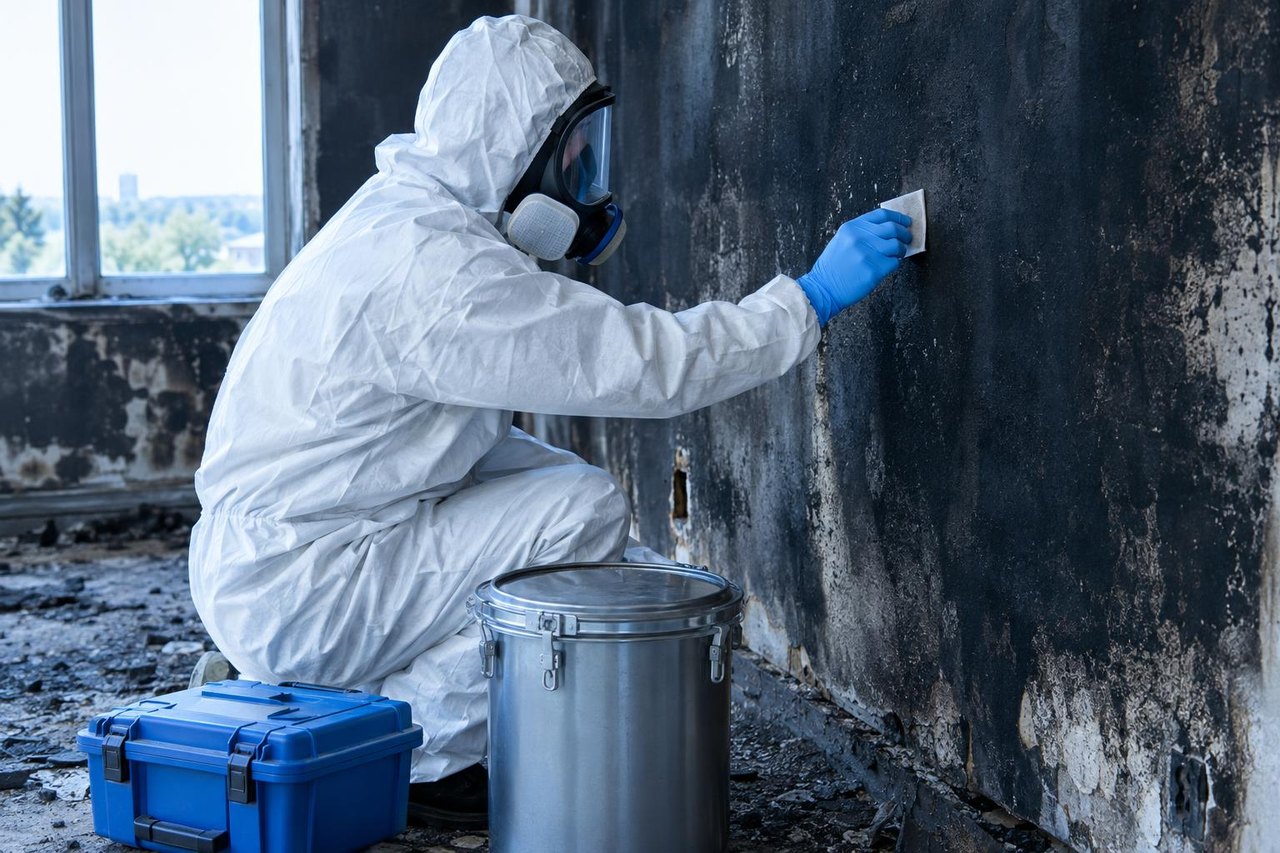 Sanierungstechniker in Schutzanzug, Vollmaske und Handschuhen nimmt an einer verrußten Wand eine Wischprobe, am Boden ein verschlossener Metallbehälter (Symbolbild)