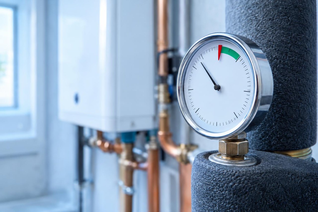 Rundes Zeigermanometer an einer gedämmten Heizungsleitung: Der schwarze Zeiger steht außerhalb des grünen Felds, am Rand des Felds sitzt eine rote Marke (Symbolbild)