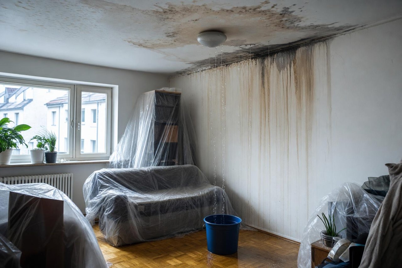 Wasser tropft nach einem Löscheinsatz durch die Zimmerdecke einer darunterliegenden Wohnung, Möbel unter Folie (Symbolbild)