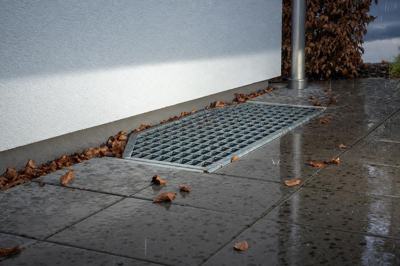 Gitterrost über einem Ablauf an der Hauswand, bedeckt mit trockenem Laub, während erste Regentropfen eines Gewitters auf das Pflaster fallen (Symbolbild)