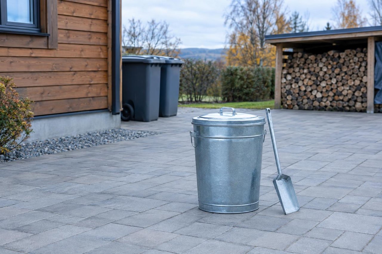 Verzinkter Metall-Ascheeimer mit geschlossenem Deckel und Ascheschaufel auf Pflaster im Freien, mit Abstand zu Holzfassade, Mülltonnen und Holzstapel (Symbolbild)