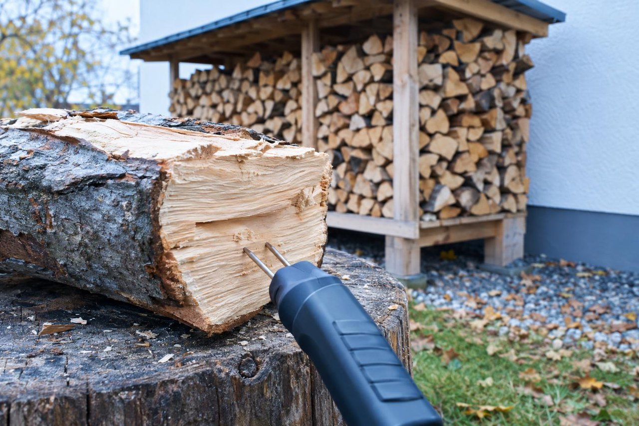 Frisch gespaltenes Buchenscheit, in dessen Spaltfläche die zwei Metallelektroden eines Holzfeuchte-Messgeräts stecken; im Hintergrund ein überdachter Holzstapel (Symbolbild)