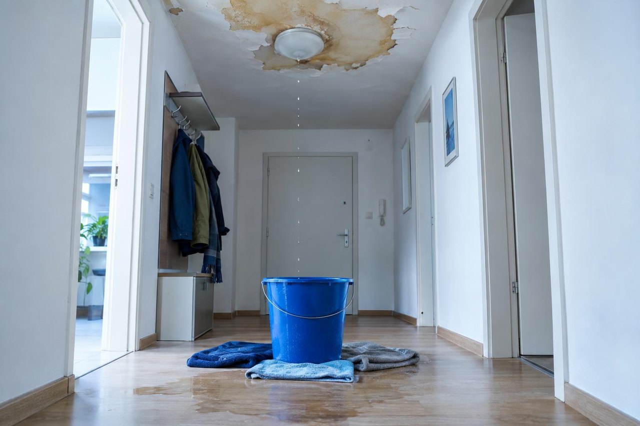 Wasserfleck mit abblätternder Farbe rund um eine Deckenleuchte im Wohnungsflur, Wasser tropft in einen blauen Eimer auf dem Laminatboden (Symbolbild)