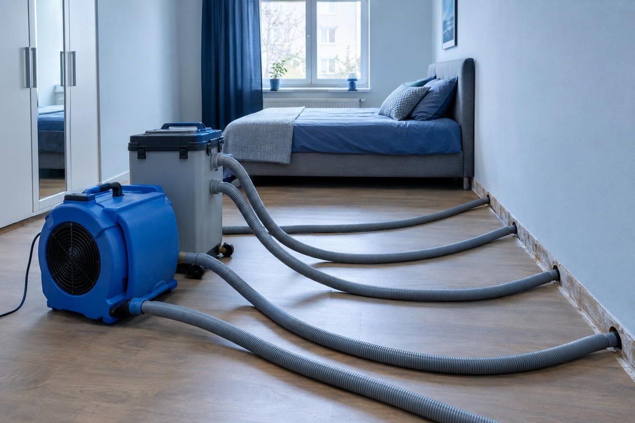 Graue Schläuche führen von einem blauen Gebläse und einem Wasserabscheider in Bohrungen am Rand eines Schlafzimmerbodens (Symbolbild)